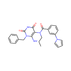 CCCN(C(=O)c1cccc(-n2cccc2)c1)c1c(N)n(Cc2ccccc2)c(=O)[nH]c1=O ZINC000018081041