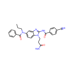 CCCN(C(=O)c1ccccc1)c1ccc2c(c1)nc(NC(=O)c1ccc(C#N)cc1)n2CCC(N)=O ZINC000040872418