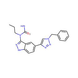 CCCN(C(N)=O)c1n[nH]c2ccc(-c3cn(Cc4ccccc4)nn3)cc12 ZINC001772636618