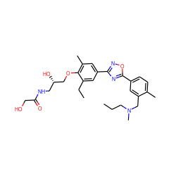 CCCN(C)Cc1cc(-c2nc(-c3cc(C)c(OC[C@@H](O)CNC(=O)CO)c(CC)c3)no2)ccc1C ZINC000653853292