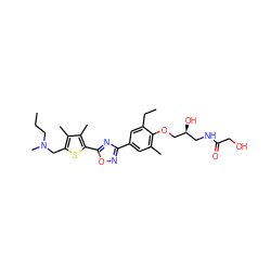 CCCN(C)Cc1sc(-c2nc(-c3cc(C)c(OC[C@@H](O)CNC(=O)CO)c(CC)c3)no2)c(C)c1C ZINC000653843499