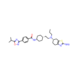 CCCN(CC[C@H]1CC[C@H](NC(=O)c2ccc(-c3noc(C(C)C)n3)cc2)CC1)[C@H]1CCc2nc(N)sc2C1 ZINC000261126340