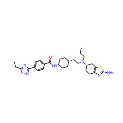 CCCN(CC[C@H]1CC[C@H](NC(=O)c2ccc(-c3noc(CC)n3)cc2)CC1)[C@H]1CCc2nc(N)sc2C1 ZINC000254132539