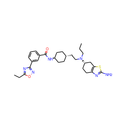 CCCN(CC[C@H]1CC[C@H](NC(=O)c2cccc(-c3noc(CC)n3)c2)CC1)[C@H]1CCc2nc(N)sc2C1 ZINC000254133724