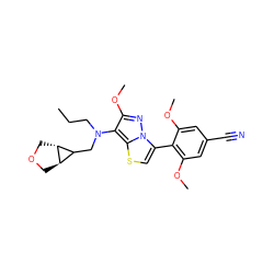 CCCN(CC1[C@H]2COC[C@H]12)c1c(OC)nn2c(-c3c(OC)cc(C#N)cc3OC)csc12 ZINC000100626703