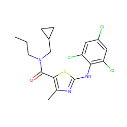 CCCN(CC1CC1)C(=O)c1sc(Nc2c(Cl)cc(Cl)cc2Cl)nc1C ZINC000013587328