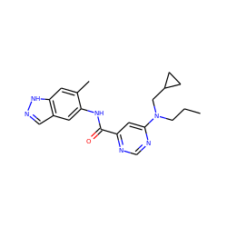 CCCN(CC1CC1)c1cc(C(=O)Nc2cc3cn[nH]c3cc2C)ncn1 ZINC000049421808