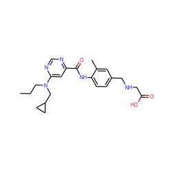 CCCN(CC1CC1)c1cc(C(=O)Nc2ccc(CNCC(=O)O)cc2C)ncn1 ZINC000143950497