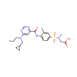 CCCN(CC1CC1)c1cc(C(=O)Nc2ccc(S(=O)(=O)N(C)CC(=O)O)cc2C)ncn1 ZINC000144853588