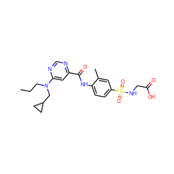 CCCN(CC1CC1)c1cc(C(=O)Nc2ccc(S(=O)(=O)NCC(=O)O)cc2C)ncn1 ZINC000049037643