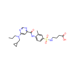 CCCN(CC1CC1)c1cc(C(=O)Nc2ccc(S(=O)(=O)NCCCC(=O)O)cc2C)ncn1 ZINC000049111980