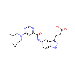 CCCN(CC1CC1)c1cc(C(=O)Nc2ccc3[nH]nc(CCC(=O)O)c3c2)ncn1 ZINC000165512318