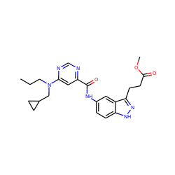 CCCN(CC1CC1)c1cc(C(=O)Nc2ccc3[nH]nc(CCC(=O)OC)c3c2)ncn1 ZINC000166785357