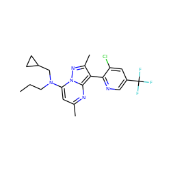 CCCN(CC1CC1)c1cc(C)nc2c(-c3ncc(C(F)(F)F)cc3Cl)c(C)nn12 ZINC000028347101