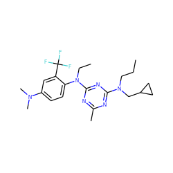 CCCN(CC1CC1)c1nc(C)nc(N(CC)c2ccc(N(C)C)cc2C(F)(F)F)n1 ZINC000013794572