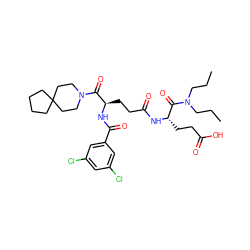 CCCN(CCC)C(=O)[C@H](CCC(=O)O)NC(=O)CC[C@@H](NC(=O)c1cc(Cl)cc(Cl)c1)C(=O)N1CCC2(CCCC2)CC1 ZINC000029219284