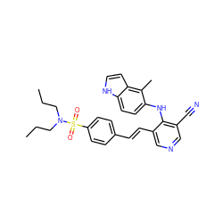 CCCN(CCC)S(=O)(=O)c1ccc(/C=C/c2cncc(C#N)c2Nc2ccc3[nH]ccc3c2C)cc1 ZINC000049785149