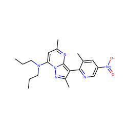 CCCN(CCC)c1cc(C)nc2c(-c3ncc([N+](=O)[O-])cc3C)c(C)nn12 ZINC000013583104