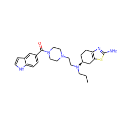 CCCN(CCN1CCN(C(=O)c2ccc3[nH]ccc3c2)CC1)[C@H]1CCc2nc(N)sc2C1 ZINC000095571881