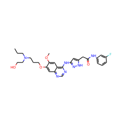 CCCN(CCO)CCCOc1cc2ncnc(Nc3cc(CC(=O)Nc4cccc(F)c4)[nH]n3)c2cc1OC ZINC000034803032