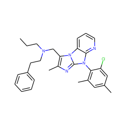 CCCN(CCc1ccccc1)Cc1c(C)nc2n(-c3c(C)cc(C)cc3Cl)c3ncccc3n12 ZINC000028903736