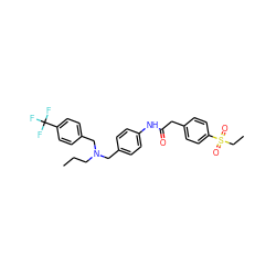 CCCN(Cc1ccc(NC(=O)Cc2ccc(S(=O)(=O)CC)cc2)cc1)Cc1ccc(C(F)(F)F)cc1 ZINC000103239349