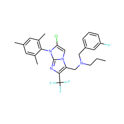 CCCN(Cc1cccc(F)c1)Cc1c(C(F)(F)F)nc2n(-c3c(C)cc(C)cc3C)c(Cl)cn12 ZINC000049109863