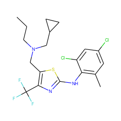 CCCN(Cc1sc(Nc2c(C)cc(Cl)cc2Cl)nc1C(F)(F)F)CC1CC1 ZINC000013587337