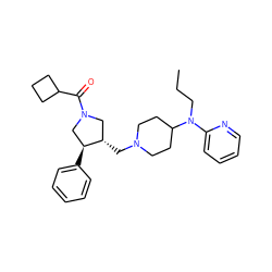 CCCN(c1ccccn1)C1CCN(C[C@H]2CN(C(=O)C3CCC3)C[C@@H]2c2ccccc2)CC1 ZINC000013487339