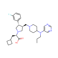 CCCN(c1cncnc1)C1CCN(C[C@H]2CN([C@H](CC3CCC3)C(=O)O)C[C@@H]2c2cccc(F)c2)CC1 ZINC000027435526