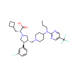 CCCN(c1ncc(C(F)(F)F)cn1)C1CCN(C[C@H]2CN([C@H](CC3CCC3)C(=O)O)C[C@@H]2c2cccc(F)c2)CC1 ZINC000053073864