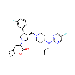 CCCN(c1ncc(F)cn1)C1CCN(C[C@H]2CN([C@H](CC3CCC3)C(=O)O)C[C@@H]2c2cccc(F)c2)CC1 ZINC000027439412