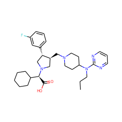 CCCN(c1ncccn1)C1CCN(C[C@H]2CN([C@@H](C(=O)O)C3CCCCC3)C[C@@H]2c2cccc(F)c2)CC1 ZINC000027431073