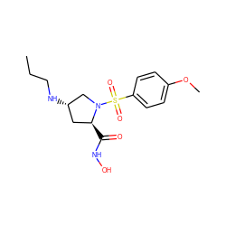 CCCN[C@H]1C[C@H](C(=O)NO)N(S(=O)(=O)c2ccc(OC)cc2)C1 ZINC000013835720