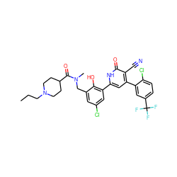 CCCN1CCC(C(=O)N(C)Cc2cc(Cl)cc(-c3cc(-c4cc(C(F)(F)F)ccc4Cl)c(C#N)c(=O)[nH]3)c2O)CC1 ZINC000028821592