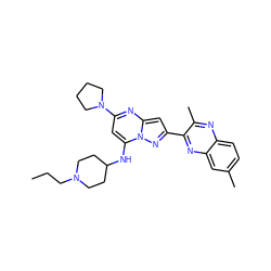 CCCN1CCC(Nc2cc(N3CCCC3)nc3cc(-c4nc5cc(C)ccc5nc4C)nn23)CC1 ZINC000199074797