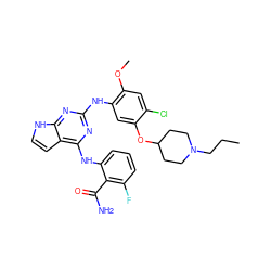 CCCN1CCC(Oc2cc(Nc3nc(Nc4cccc(F)c4C(N)=O)c4cc[nH]c4n3)c(OC)cc2Cl)CC1 ZINC000042877152