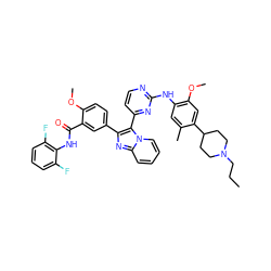 CCCN1CCC(c2cc(OC)c(Nc3nccc(-c4c(-c5ccc(OC)c(C(=O)Nc6c(F)cccc6F)c5)nc5ccccn45)n3)cc2C)CC1 ZINC000165084210