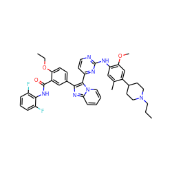 CCCN1CCC(c2cc(OC)c(Nc3nccc(-c4c(-c5ccc(OCC)c(C(=O)Nc6c(F)cccc6F)c5)nc5ccccn45)n3)cc2C)CC1 ZINC000165085966