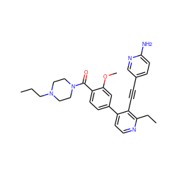 CCCN1CCN(C(=O)c2ccc(-c3ccnc(CC)c3C#Cc3ccc(N)nc3)cc2OC)CC1 ZINC000202383747