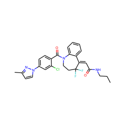 CCCNC(=O)/C=C1/c2ccccc2N(C(=O)c2ccc(-n3ccc(C)n3)cc2Cl)CCC1(F)F ZINC000040918360