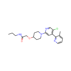 CCCNC(=O)COC1CCN(c2cc(-c3ncccc3C)c(Cl)cn2)CC1 ZINC000146951035