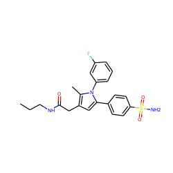 CCCNC(=O)Cc1cc(-c2ccc(S(N)(=O)=O)cc2)n(-c2cccc(F)c2)c1C ZINC000299870856