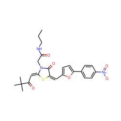 CCCNC(=O)Cn1c(=O)/c(=C\c2ccc(-c3ccc([N+](=O)[O-])cc3)o2)s/c1=C\C(=O)C(C)(C)C ZINC000003367236