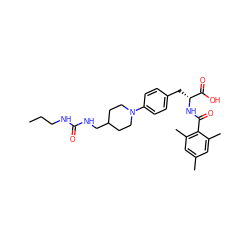 CCCNC(=O)NCC1CCN(c2ccc(C[C@@H](NC(=O)c3c(C)cc(C)cc3C)C(=O)O)cc2)CC1 ZINC000165491060