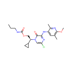 CCCNC(=O)OC[C@H](C1CC1)n1cc(Cl)nc(Nc2cc(C)c(OC)nc2C)c1=O ZINC000116832196