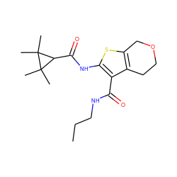 CCCNC(=O)c1c(NC(=O)C2C(C)(C)C2(C)C)sc2c1CCOC2 ZINC000084605452