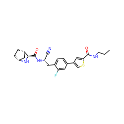 CCCNC(=O)c1cc(-c2ccc(C[C@@H](C#N)NC(=O)[C@H]3N[C@@H]4CC[C@H]3C4)c(F)c2)cs1 ZINC000219324476