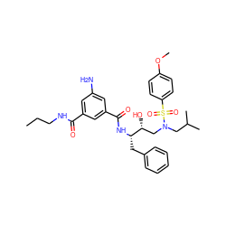 CCCNC(=O)c1cc(N)cc(C(=O)N[C@@H](Cc2ccccc2)[C@H](O)CN(CC(C)C)S(=O)(=O)c2ccc(OC)cc2)c1 ZINC000144126112