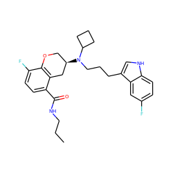 CCCNC(=O)c1ccc(F)c2c1C[C@H](N(CCCc1c[nH]c3ccc(F)cc13)C1CCC1)CO2 ZINC000038361942